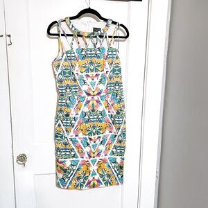 Adrianna Papell Floral Dress Bright Summer Cut Out Cage Neckline Size 8